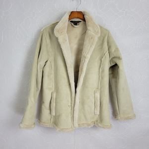 Denver Hayes Womens Winter Jacket Large Beige Green Faux Mock Neck Button Pocket